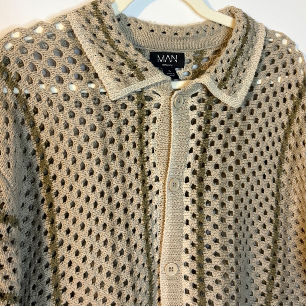boohooMAN Crochet Cardigan Open Knit Polo Minimalist Grandpacore Boho Mens XL